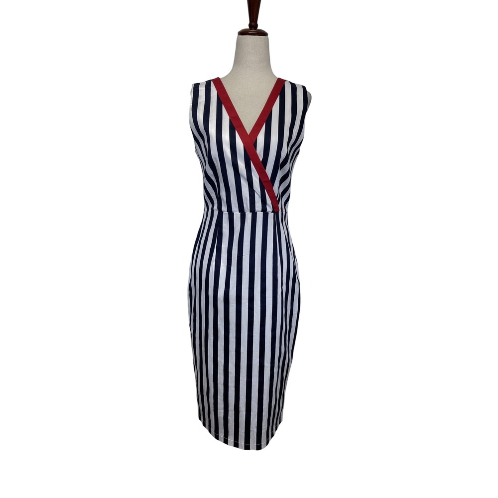 NWT Banned Retro Dress Womens Small Blue Striped V Neck Sheath Midi Nautical